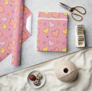 Fall in Love Autumn Hearts Pink Yellow Blush Wrapping Paper