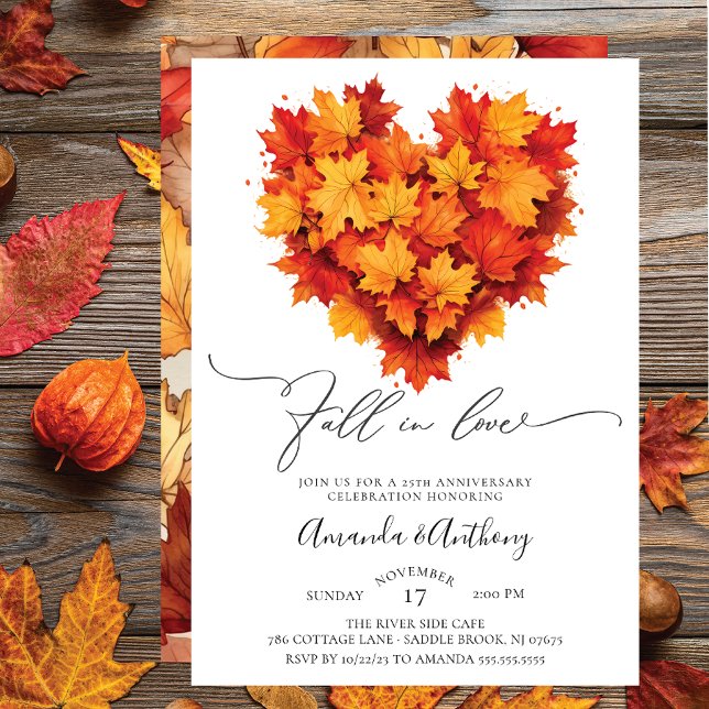 Fall In Love Autumn Leaf Heart Anniversary Invitation (Creator Uploaded)