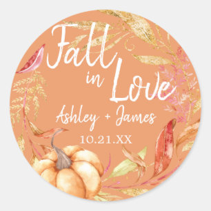 Fall in Love Autumn Leaf Orange Wedding Monogram Classic Round Sticker