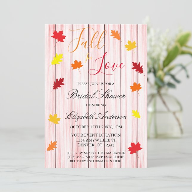 Fall In Love Autumn Leaves Bridal Shower Invitation (Standing Front)