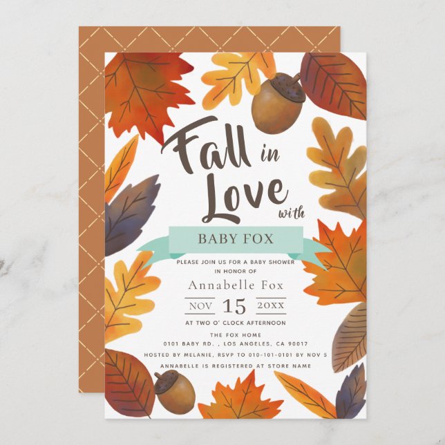 Fall in Love Autumn Leaves Brown Baby Shower Invitation (Front/Back)