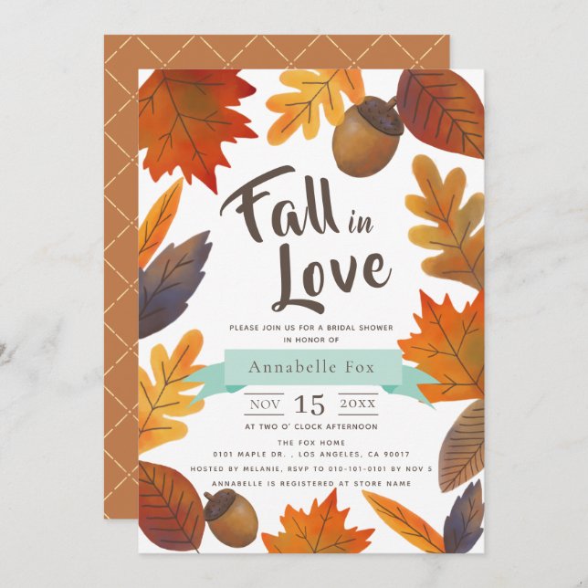 Fall in Love Autumn Leaves Brown Bridal Shower Invitation (Front/Back)