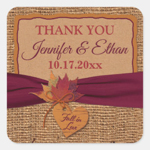 Fall in Love, Autumn Leaves, Burlap Wedding Favour Square Sticker