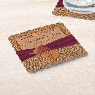 Fall in Love, Autumn Leaves, Burlap Wedding Paper Coaster
