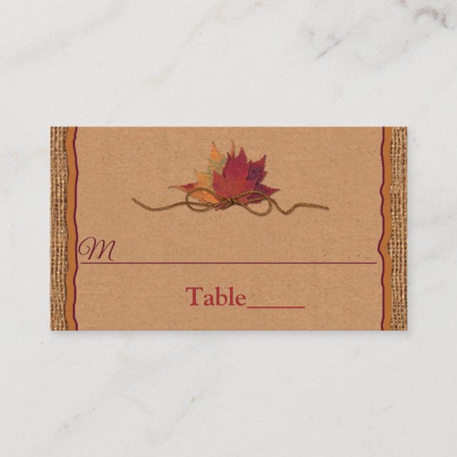Fall in Love, Autumn Leaves, Burlap Wedding Place Card (Front)