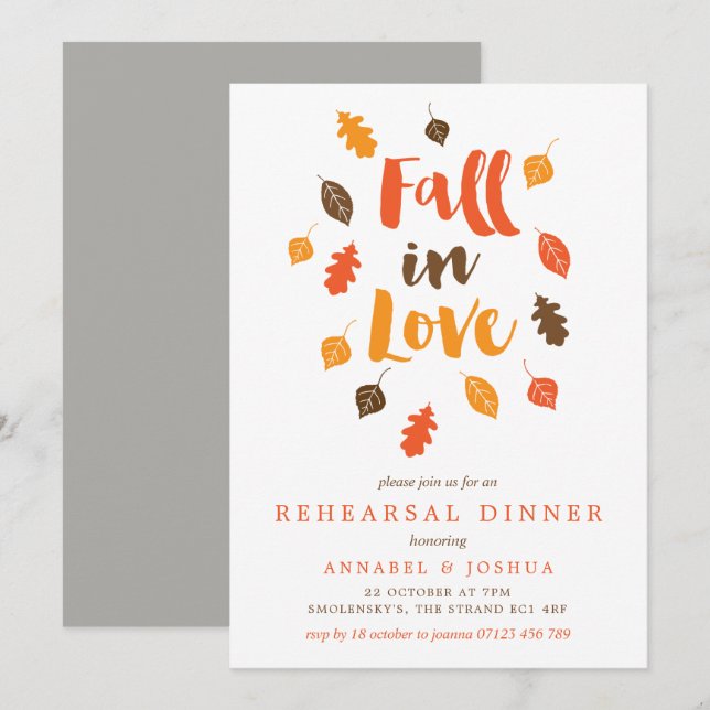 Fall in Love Autumn Leaves Rehearsal Dinner Invitation (Front/Back)
