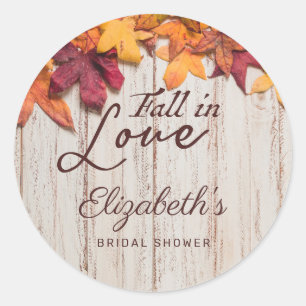 Fall in Love Autumn Leaves Rustic Bridal Shower Classic Round Sticker