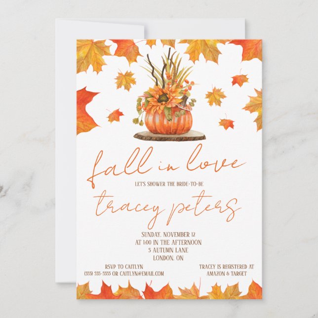 Fall in Love, Autumn Leaves, Themed Bridal Shower Invitation (Front)
