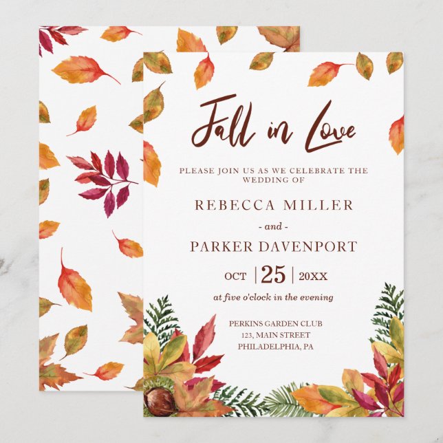 Fall in love autumn leaves wedding invitation (Front/Back)
