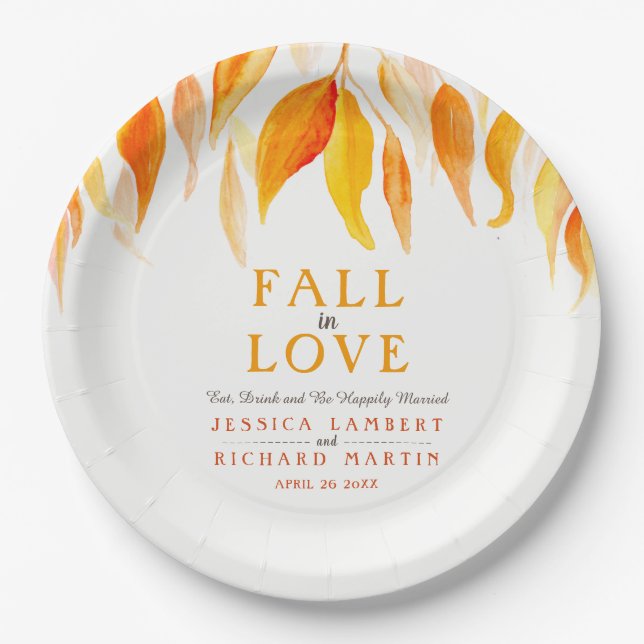 Fall in love autumn orange leaves wedding paper plate (Front)