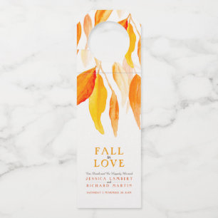 Fall in love autumn orange leaves wedding wine bottle tag