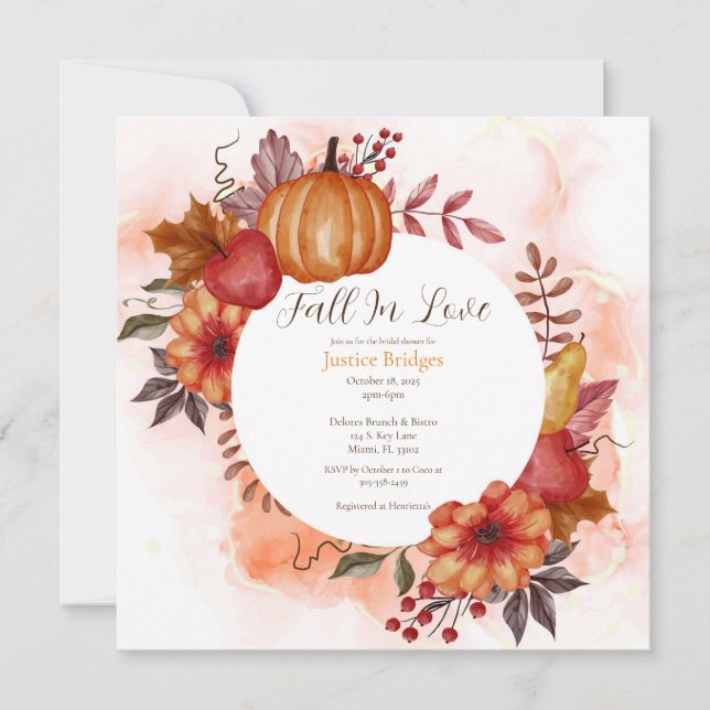 Fall In Love Autumn Pumpkin Bridal Shower Invitation (Front)