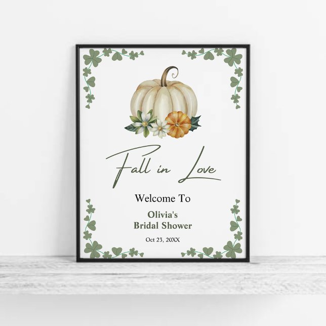 Fall in Love Autumn Pumpkin Bridal Shower Welcome Poster (Fall in Love Autumn Greenery Pumpkin Bridal Shower Welcome Sign )