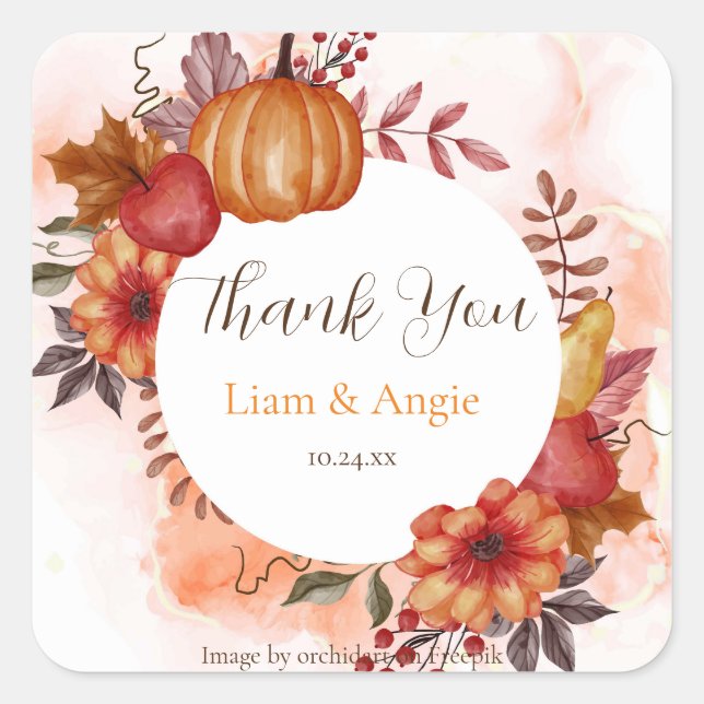 Fall In Love Autumn Pumpkin Wedding Engagement  Square Sticker (Front)