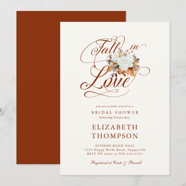 Fall in Love Autumn Roses Romantic Bridal Shower Invitation (Front/Back)