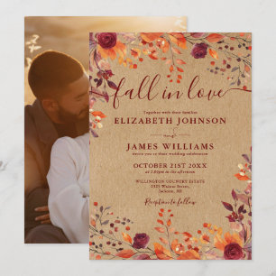 Fall In Love Autumn Rustic Floral Photo Wedding Invitation