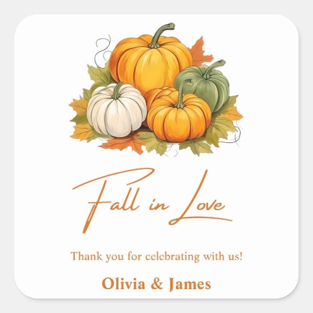 Fall in Love Autumn Rustic Pumpkin Wedding  Square Sticker (Front)