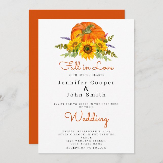 Fall in Love Autumn Sunflower Pumpkin Wedding Invitation (Front/Back)