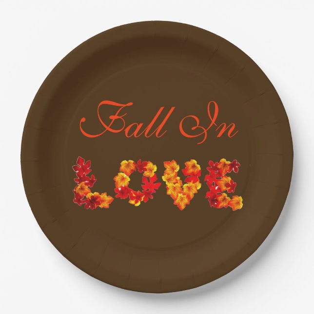 Fall In Love Autumn Wedding Colourful Leaves Rusti Paper Plate (Front)
