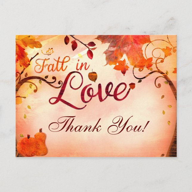 FALL IN LOVE Autumn Whimsical THANK YOU Card (Front)