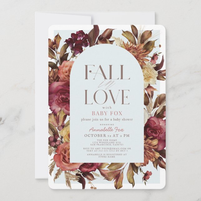 Fall in Love Autumn Wreath Arch Blue Baby Shower Invitation (Front)