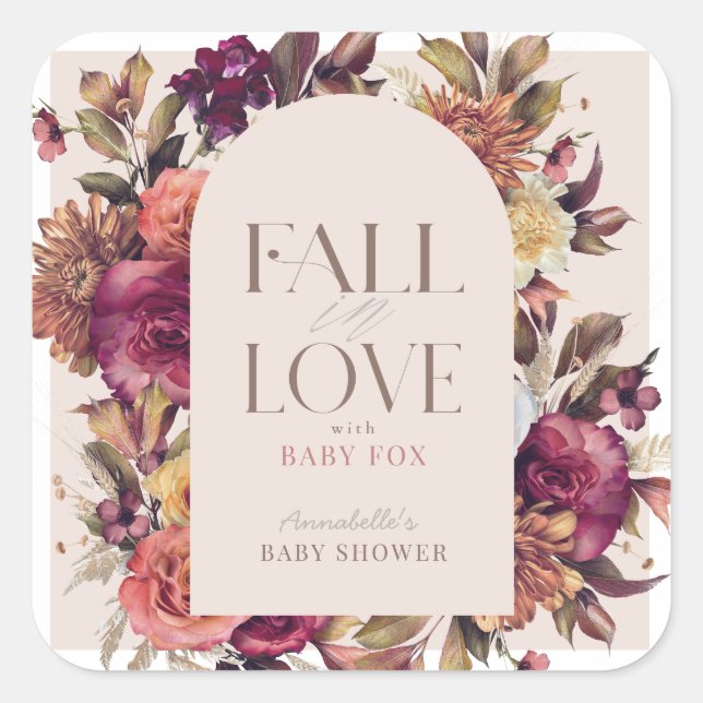 Fall in Love Autumn Wreath Arch Pink Baby Shower Square Sticker (Front)