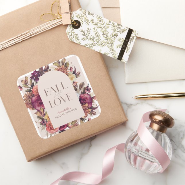 Fall in Love Autumn Wreath Arch Pink Bridal Shower Square Sticker (Gifting)