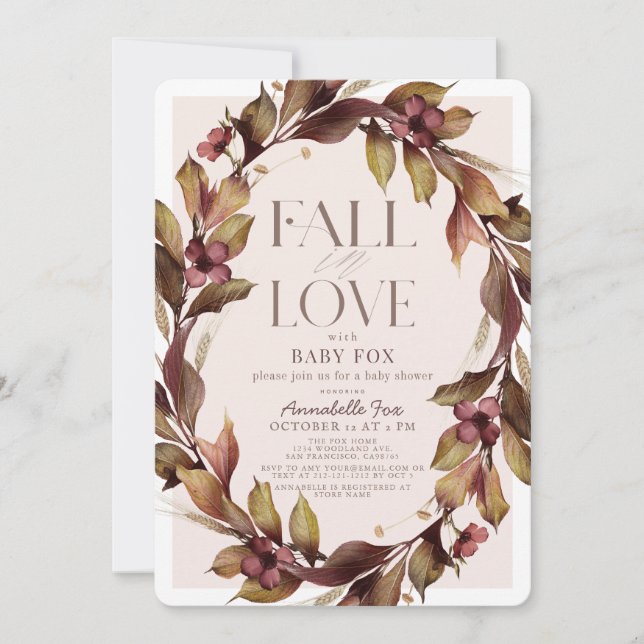 Fall in Love Autumn Wreath Pink Baby Shower Invitation (Front)
