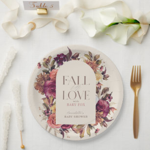 Fall in Love Autumn Wreath Tan Pink Baby Shower Paper Plate