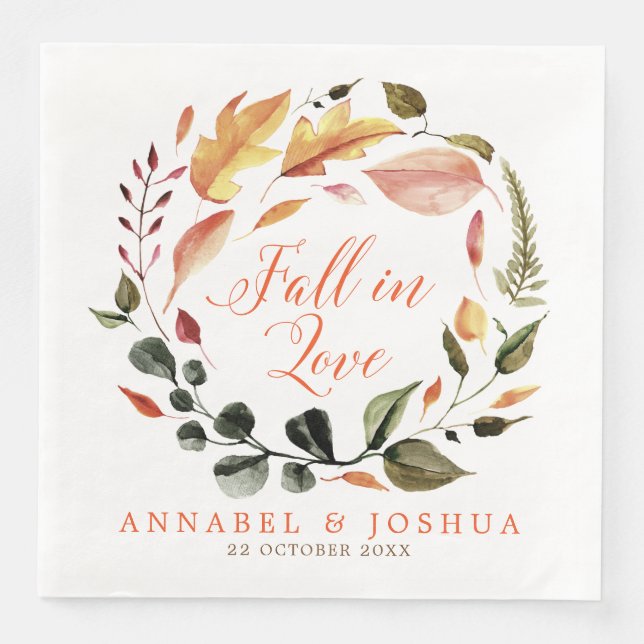 Fall in Love Autumn Wreath Wedding/Engagment Napkin (Front)