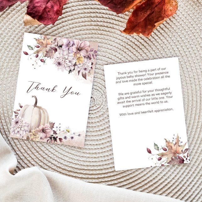 Fall in love baby shower foliage pumpkin thank you (Fall inlove pastel boho pumpkin dahlias baby shower thank you cards)