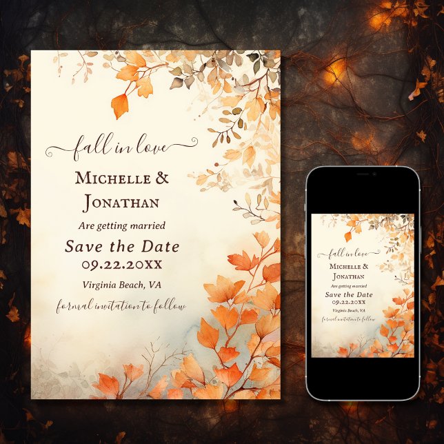 Fall in Love Beautiful Autumn Leaves Fall Wedding Save The Date (Printed and Digital - Fall in Love Beautiful Autumn Leaves Fall Wedding Save The Date)