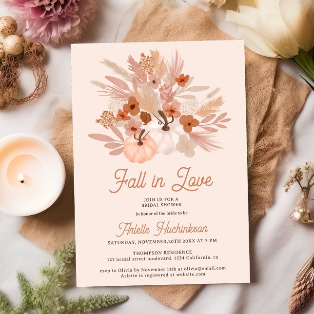 Fall in love beige floral boho chic bridal shower invitation (Fall in love beige floral boho chic bridal shower invitation on pastel pink)