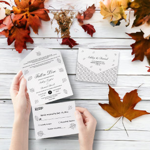Fall in Love Black And White Leaves Autumn Wedding All In One Invitation