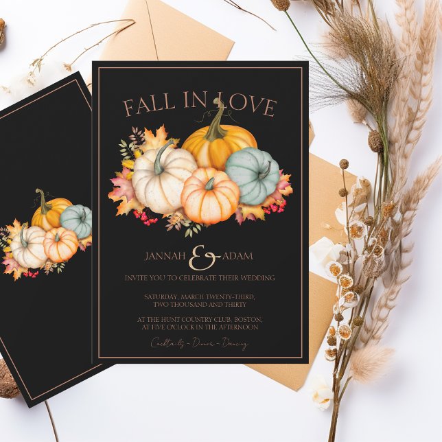 Fall in Love Black Autumn Fall Pumpkins Wedding Invitation (Creator Uploaded)