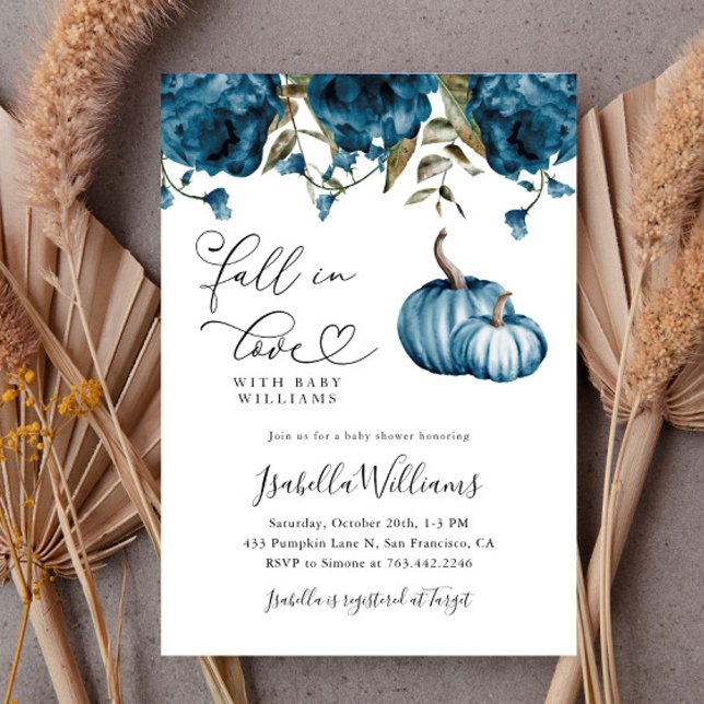 Fall in Love Blue Floral Baby Shower Invitation (Creator Uploaded)