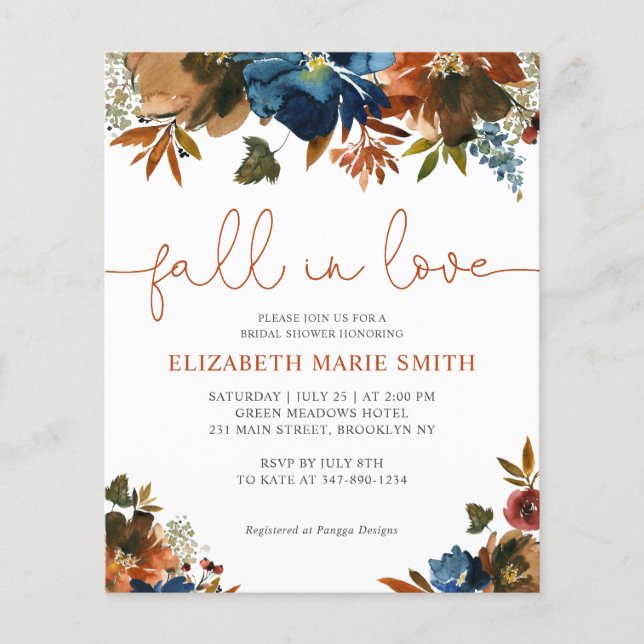 Fall in Love Blue Floral Bridal Shower Invitation (Front)