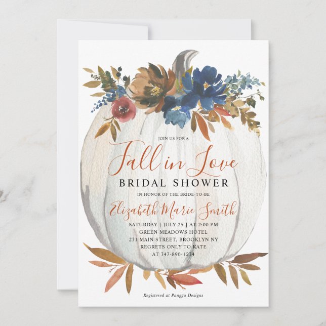 Fall in Love Blue Floral Pumpkin Bridal Shower Invitation (Front)