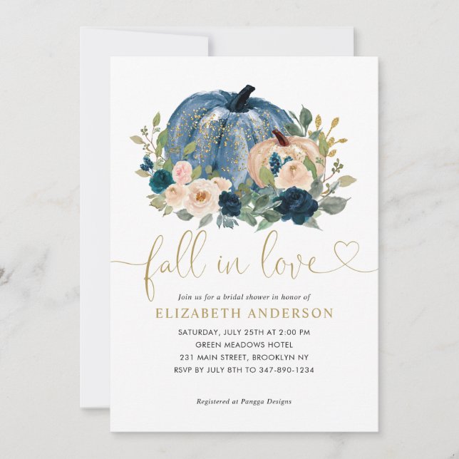 Fall in Love Blue Floral Pumpkin Bridal Shower Invitation (Front)