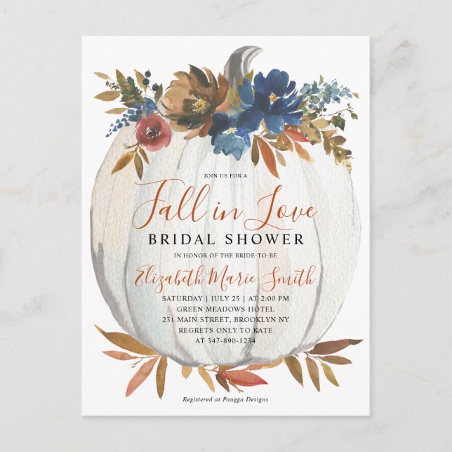 Fall in Love Blue Floral Pumpkin Bridal Shower Postcard (Front)