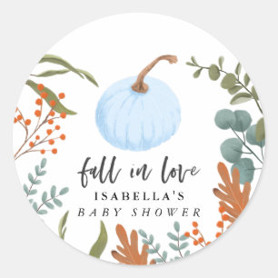 Fall in Love Blue Pumpkin Autumn Baby Shower Classic Round Sticker