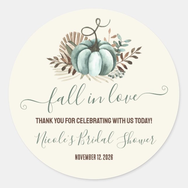 Fall in Love, Blue Pumpkin, Floral Bridal Shower Classic Round Sticker (Front)
