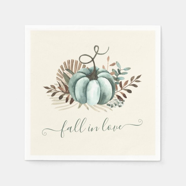 Fall in Love, Blue Pumpkin, Floral Bridal Shower Napkin (Front)