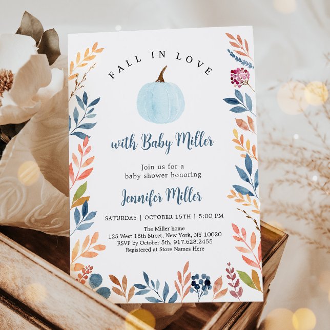 Fall In Love Blue Pumpkin Leaf Baby Shower Invitation (Creator Uploaded)