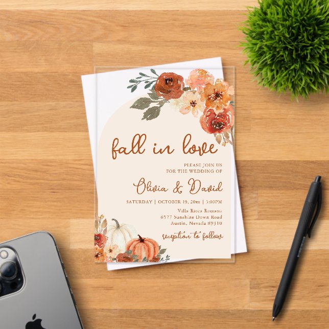 Fall in Love Boho Floral Pumpkin Autumn Wedding Acrylic Invitations (Insitu (Invitation Card))