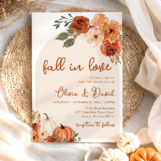 Fall in Love Boho Floral Pumpkin Autumn Wedding Invitation
