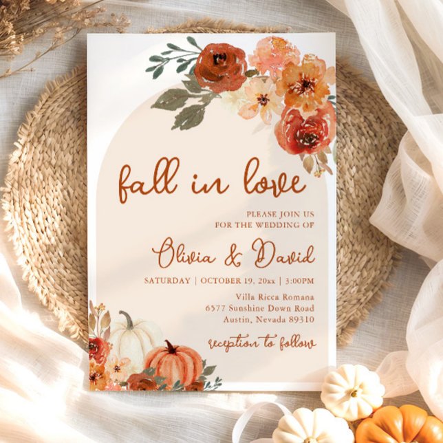 Fall in Love Boho Floral Pumpkin Autumn Wedding Invitation (Fall in Love Boho Floral Pumpkin Autumn Wedding Invitation)