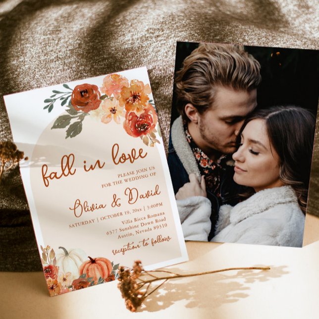 Fall in Love Boho Floral Pumpkin Autumn Wedding Invitation (Creator Uploaded)