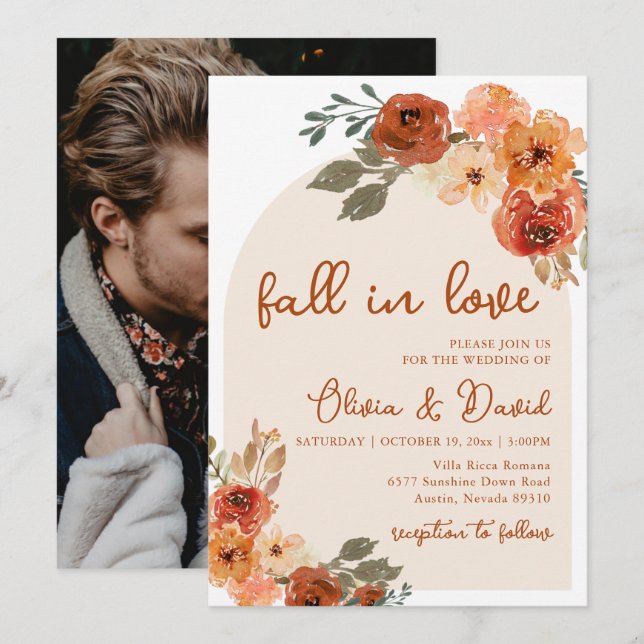 Fall in Love Boho Floral Rustic Autumn Wedding Invitation (Front/Back)
