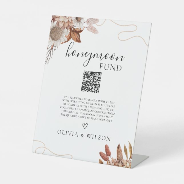 Fall in love | Boho Flowers Honeymoon Fund QR Code Pedestal Sign (Front)
